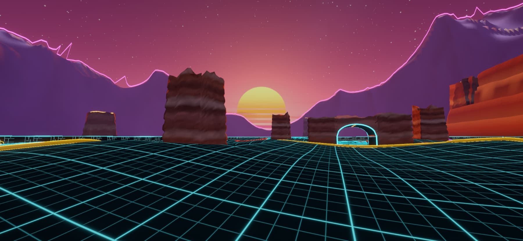 A neon grid stretching toward a synthwave sunset between canyon walls in Wakeclash