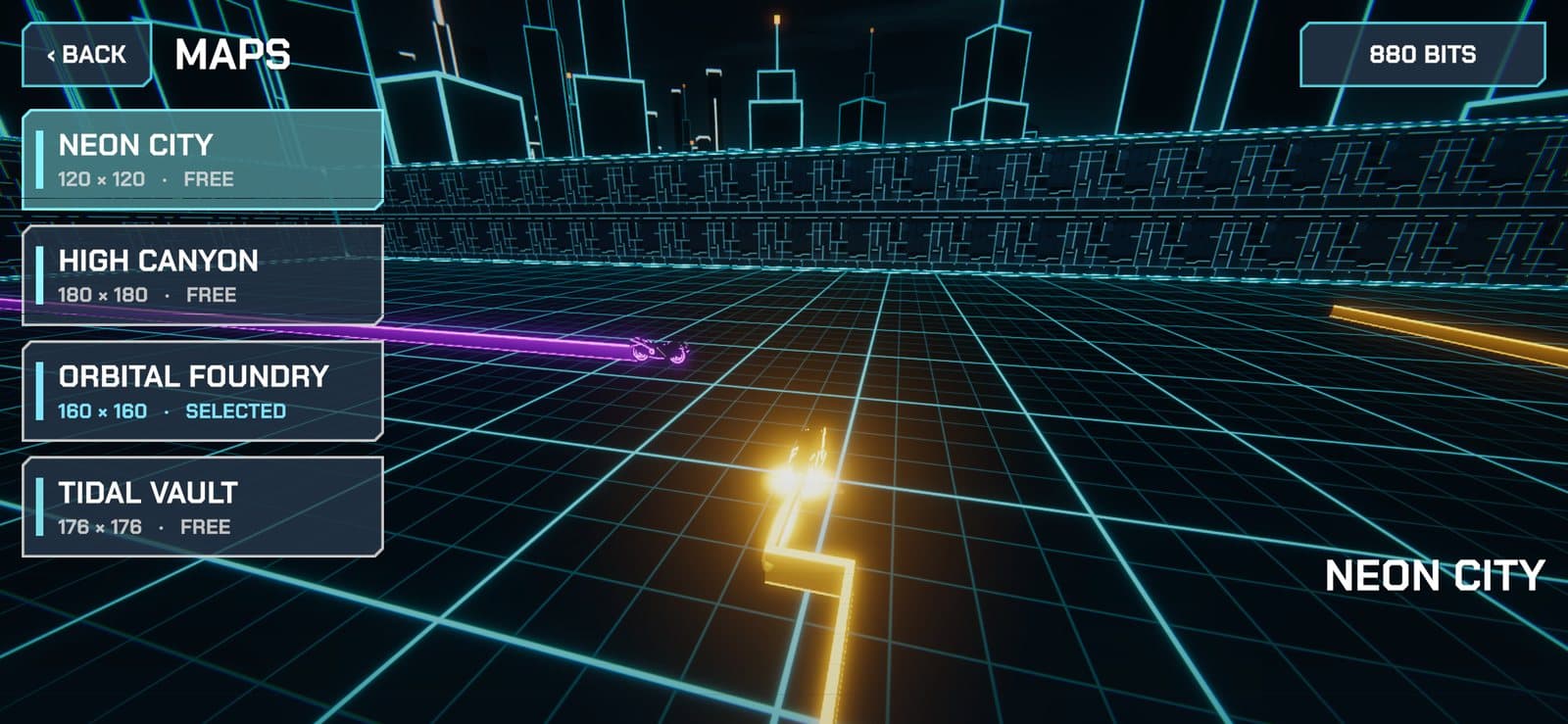 The map picker listing Neon City, High Canyon, Orbital Foundry and Tidal Vault