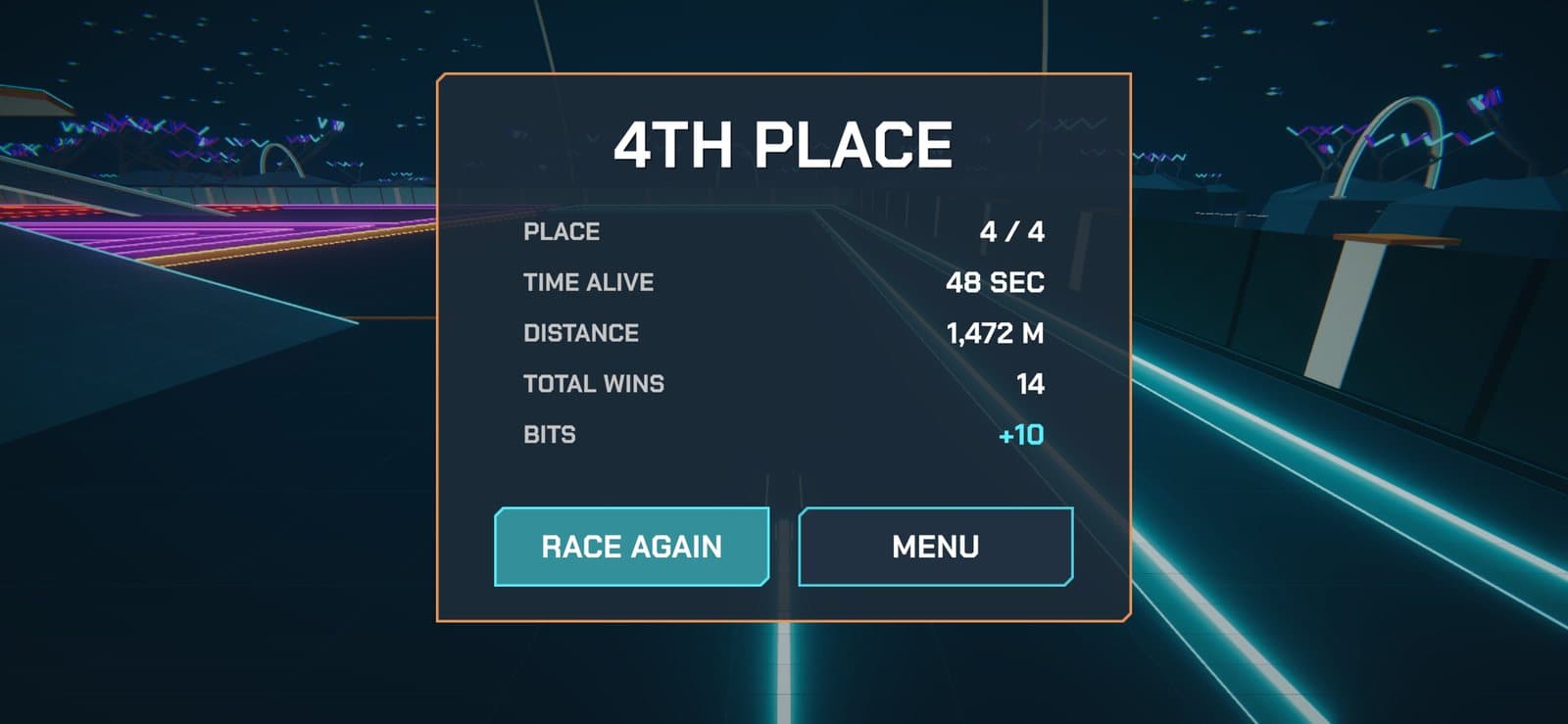 The race results panel showing place, time alive, distance, total wins and bits