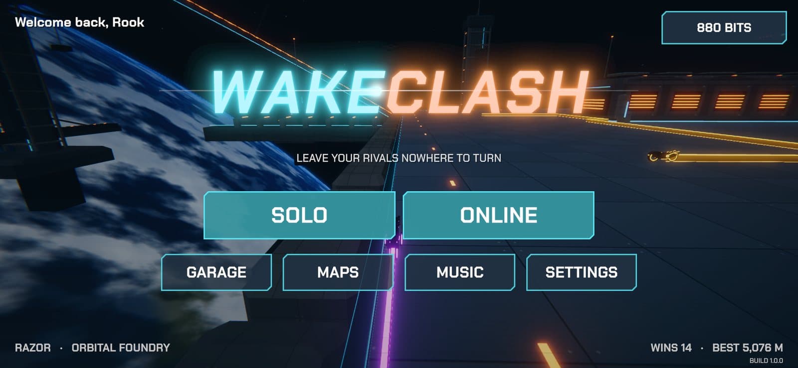 The Wakeclash title menu with Solo, Online, Garage, Maps, Music and Settings